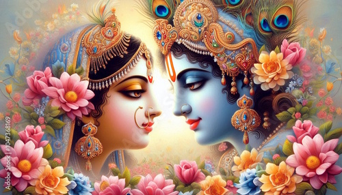beautiful colorful portrait of god Krishna with Goddess Radha with flower design