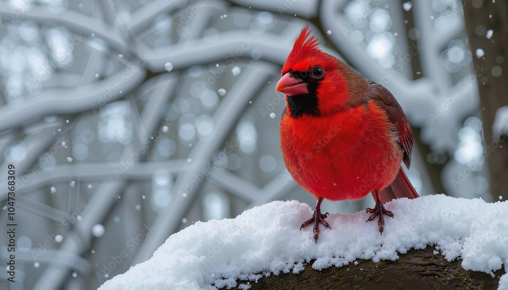 Red cardinal bird standing on snow during winter with snowy background, background Red cardinal bird standing on snow during winter with snowy background, background