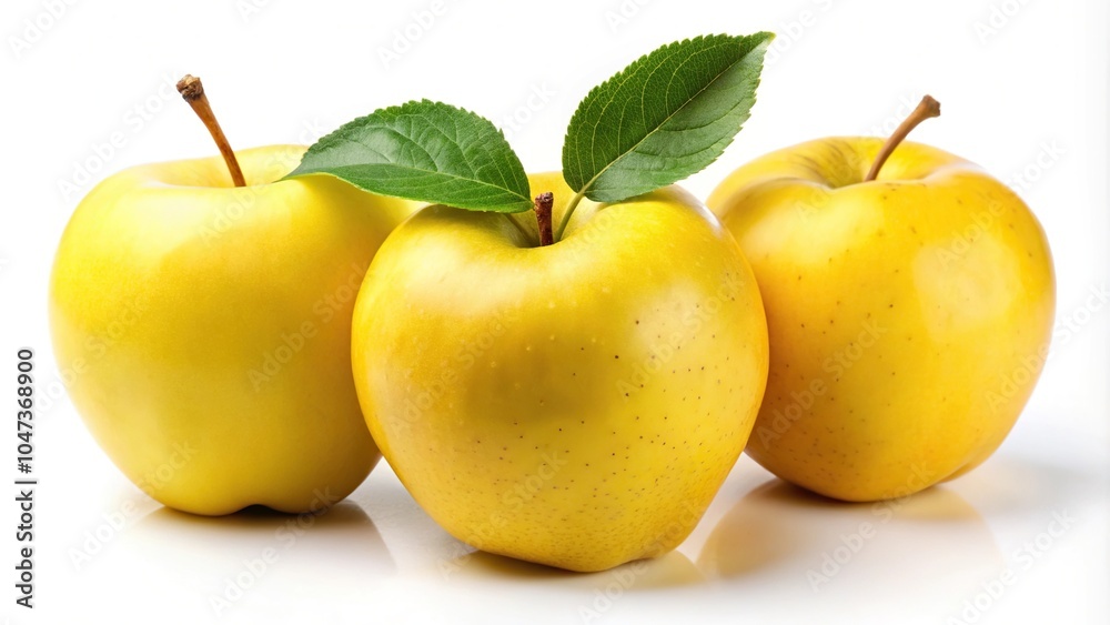Yellow apples with leaves isolated on white background forced perspective Yellow apples with leaves isolated on white background forced perspective
