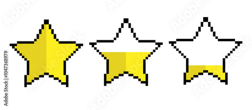 Yellow star pixel icon. Star shape 8 bits pixelated style sign. Ratings and reviews isolated on transparent background