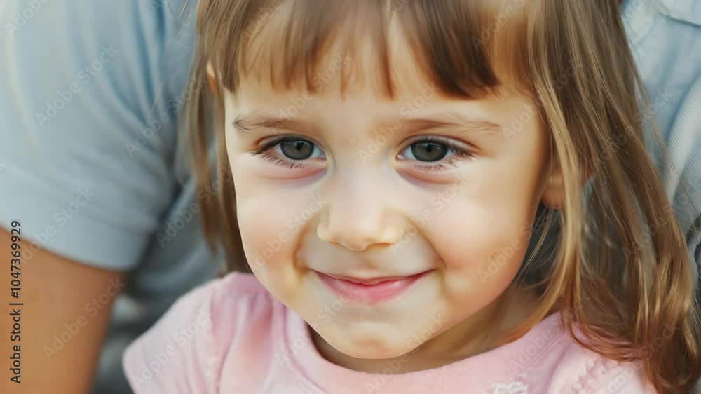 A joyful little girl smiles brightly while sitting with her family in a sunny park during a weekend picnic