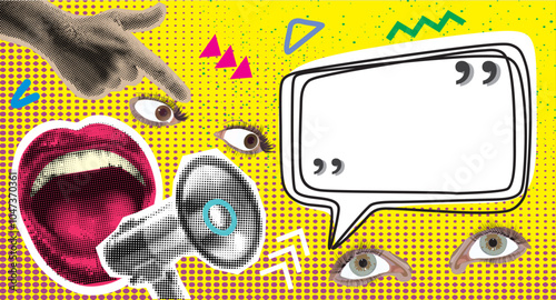 Halftone Collage with Hand showing speech bubble. Megaphone with message. Social media communication and adverting. Online news. halftone lips mouth eyes hand in dotted texture vintage pop art style 