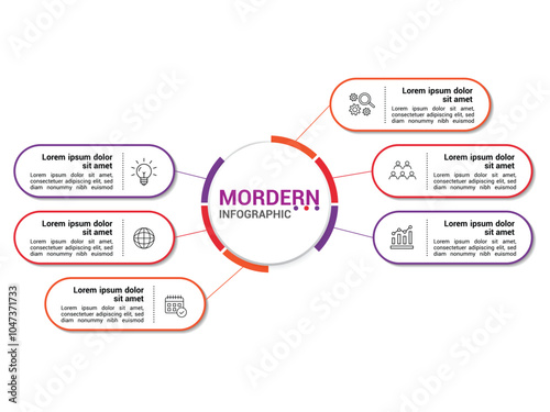 Central circle with the word modern in bold letters surrounded by six oval shapes with icons and text