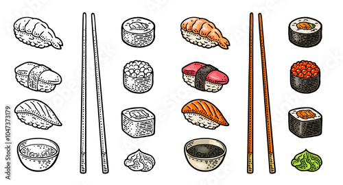 Set different types sushi with fish, caviar and shrimp. Ahi, amaebi, unagi, nigiri, ikura, tamago. Isolated on white background. Vintage color and monochrome vector engraving