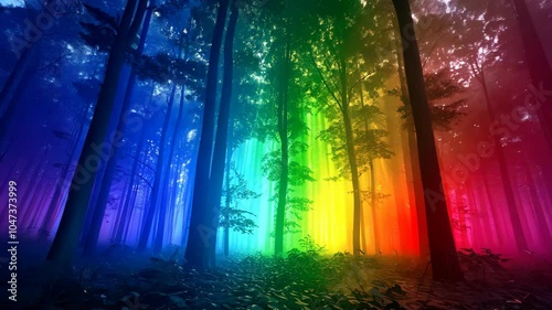 Wallpaper Mural Explore a vibrant forest with colorful light beams piercing through the trees at dusk Torontodigital.ca
