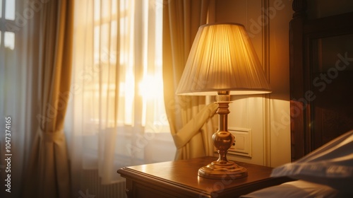 Golden Lamp on a Wooden Nightstand in a Bedroom with Sunlight Streaming Through a Window