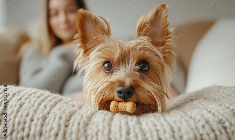 Adorable Yorkshire Terrier Enjoys Treat in Cozy Home Environment Adorable Yorkshire Terrier Enjoys Treat in Cozy Home Environment