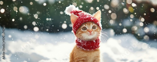 Ginger kitten wearing christmas hat and scarf in snowing winter