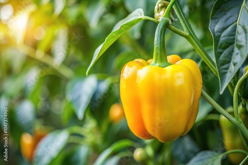 Yellow bell pepper on plant