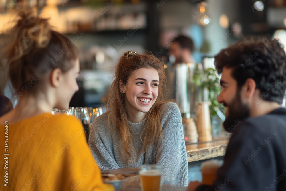Three people are sitting at a bar, smiling and laughing. They are drinking beer and enjoying each other's company Three people are sitting at a bar, smiling and laughing. They are drinking beer and enjoying each other's company
