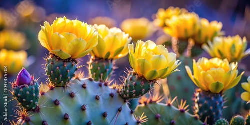 Yellow Cactus Flowers on Violet Prickly Pear Cactus flowers in Phoenix Arizona in the spring Opuntia gosseliniana blooming Leading Lines photo