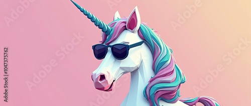 unicorn in color suit with sunglasses on a solid color background, vector art, digital art, faceted, minimal, abstract, geometric.  photo