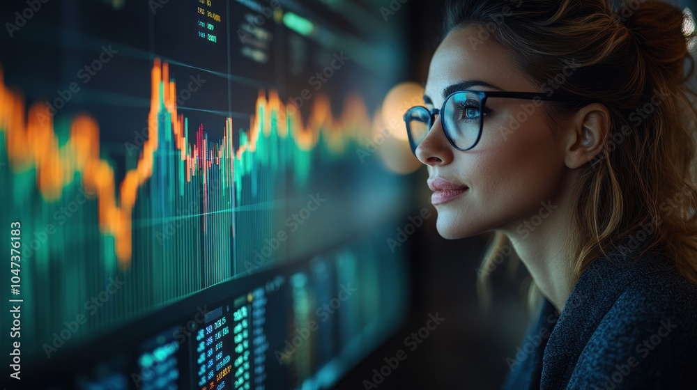 A woman analyzes financial data on a digital screen with colorful graphs and charts. A woman analyzes financial data on a digital screen with colorful graphs and charts.
