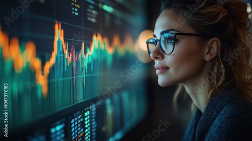 A woman analyzes financial data on a digital screen with colorful graphs and charts.