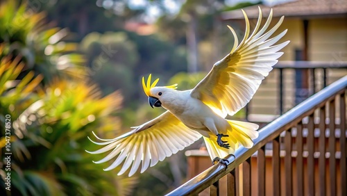 Yellow Crested Cockatoo flying towards balcony rail in a long shot photo