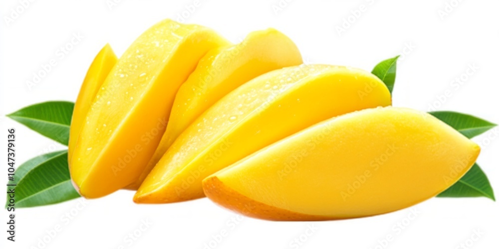 Fresh mango slices showcasing vibrant yellow colors with green leaves on a clean white background Fresh mango slices showcasing vibrant yellow colors with green leaves on a clean white background