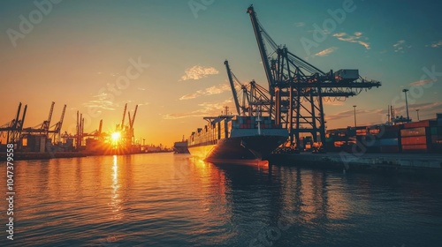 Cargo ship being loaded at a busy industrial port, cranes and containers, sunrise photo