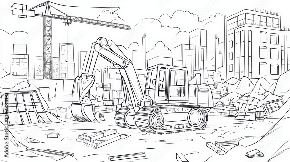 Construction site with a heavy excavator at work during a vibrant urban setting in broad daylight, coloring page Construction site with a heavy excavator at work during a vibrant urban setting in broad daylight, coloring page