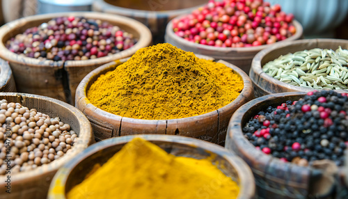 A collection of colorful spices in wooden bowls, including turmeric and coriander seeds, pink peppercorn powder, black cumin seeds, and fennel in porcelain jars on an old table at the market, close-u