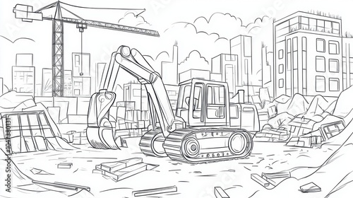 Construction site with a heavy excavator at work during a vibrant urban setting in broad daylight, coloring page