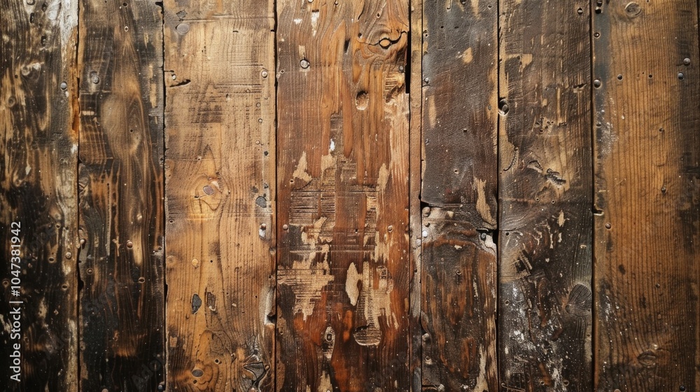 Obraz premium Close-up of weathered wooden wall with varying brown tones, visible grain, and vintage character. Silver nails protrude, showcasing detailed textures and patterns.
