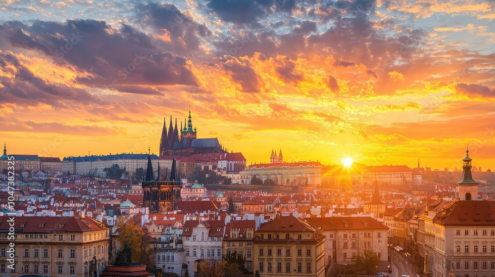 Fototapeta premium Breathtaking Summer Sunset Over Historic European City