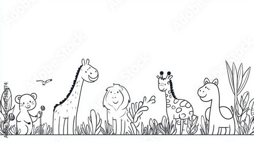 Fototapeta Naklejka Na Ścianę i Meble -  A playful gathering of friendly animals in a lush, hand-drawn jungle setting under a bright sky