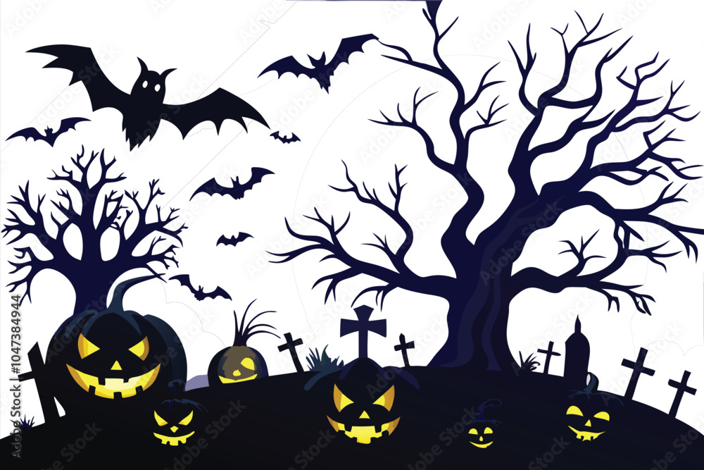 Spooky Halloween Scene with Bats, Tree, Pumpkins Spooky Halloween Scene with Bats, Tree, Pumpkins