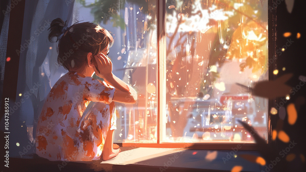 child in whimsical nightgown gazes out window, lost in thought as autumn leaves dance in breeze. warm light creates cozy atmosphere, evoking sense of wonder and nostalgia child in whimsical nightgown gazes out window, lost in thought as autumn leaves dance in breeze. warm light creates cozy atmosphere, evoking sense of wonder and nostalgia
