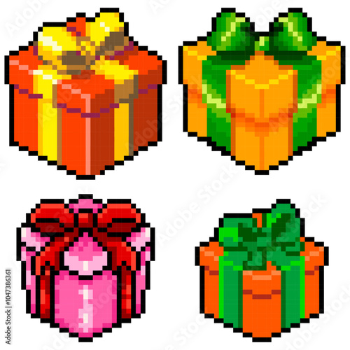 Gift boxes. Vector volumetric pixel boxes with gifts. Boxes with a bow for a holiday gift.