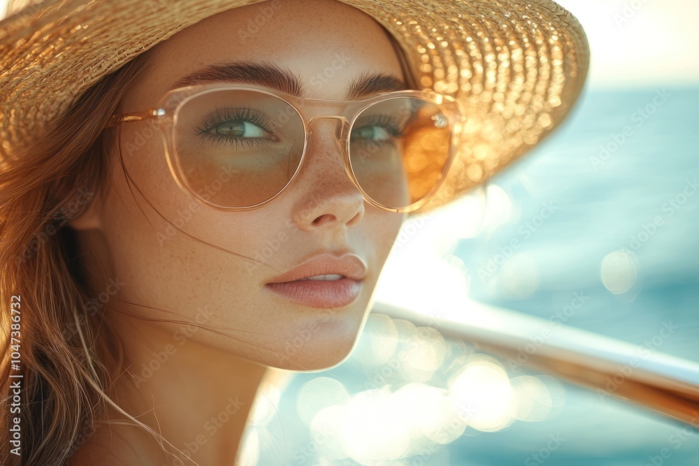 A close-up portrait of a woman wearing sunglasses and a straw hat by the water. A close-up portrait of a woman wearing sunglasses and a straw hat by the water.