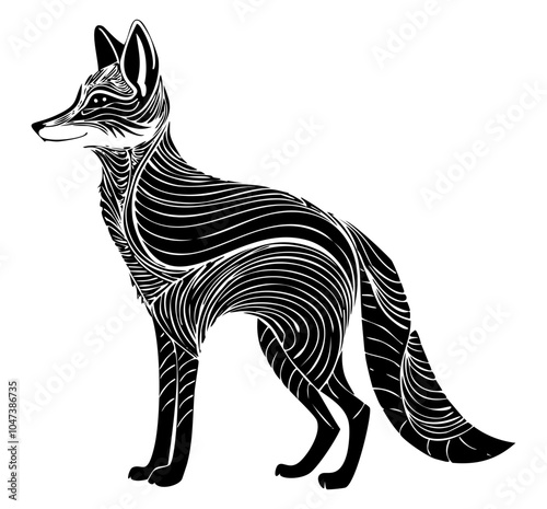 Fox silhouettes with gravitational wavelength-inspired patterns on her fur, isolated on white background. 