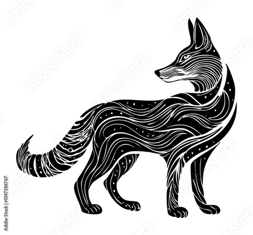 Fox silhouettes with gravitational wavelength-inspired patterns on her fur for tattoo, isolated on white background. 