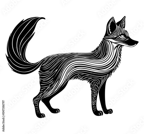 Detailed black fox with fluffy tail silhouette with wavelike elegance, isolated on white. 