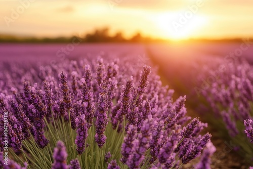 Close-up of Lavender Flowers in a Field at Sunset