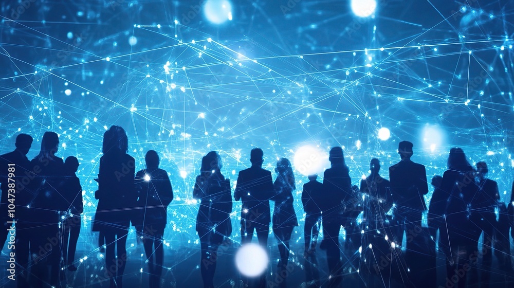 People Silhouettes in Digital Network Background People Silhouettes in Digital Network Background