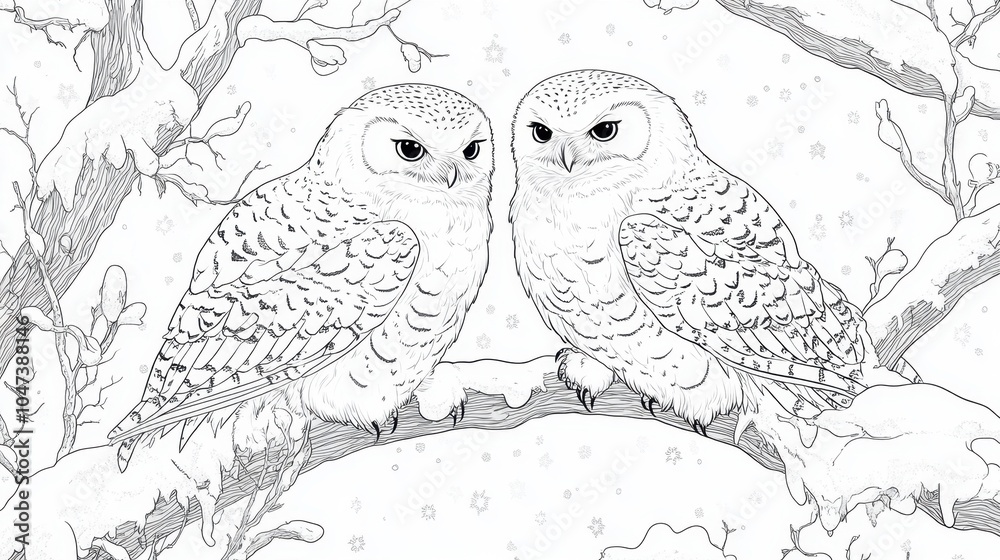 Fototapeta premium Two majestic owls perched on a snowy branch in a serene winter landscape, capturing a moment of tranquility in nature
