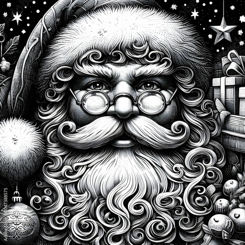 Black and white illustration of a face of a  Santa Claus.  Black and white raster image.