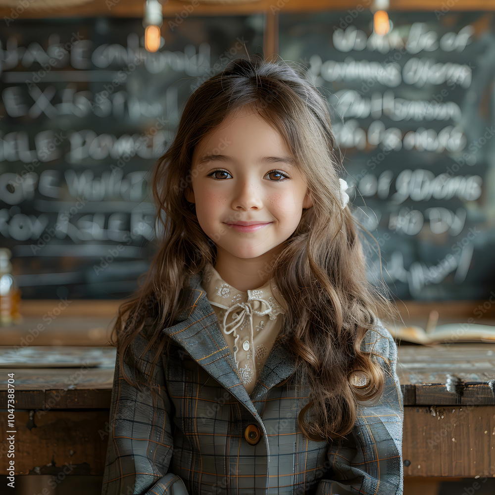 smiling young girl kid with school uniform looking camera after writing ...