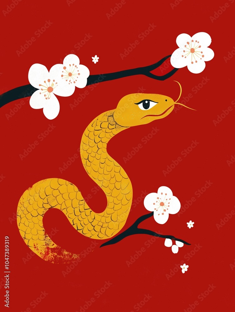 Obraz premium A festive design representing Chinese New Year 2025, featuring the Year of the Snake with a golden snake coiled near cherry blossoms on a vibrant red background.