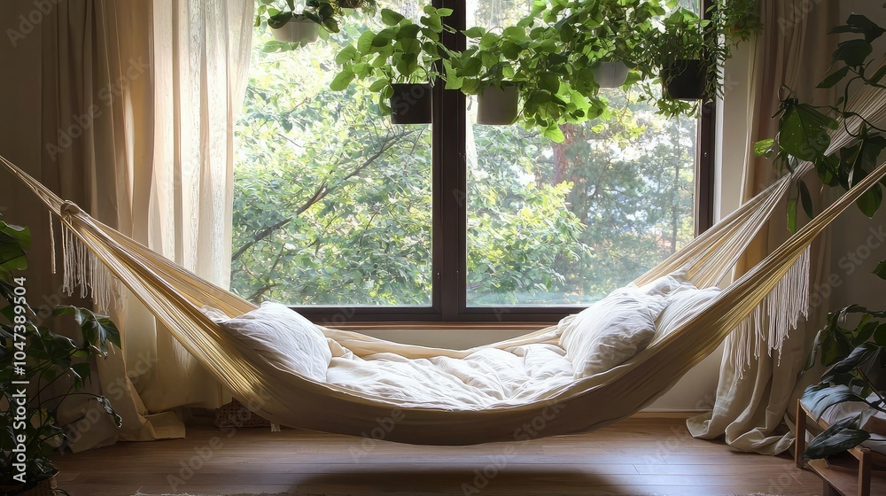 Cozy Bedroom with Inviting Hammock and Soft Pillows Cozy Bedroom with Inviting Hammock and Soft Pillows