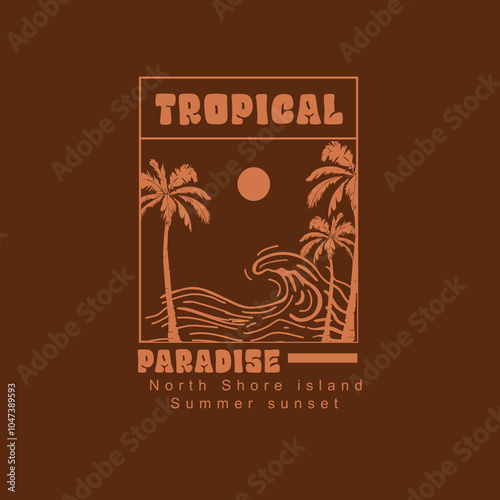 Tropical Paradise island summer sunset graphic design