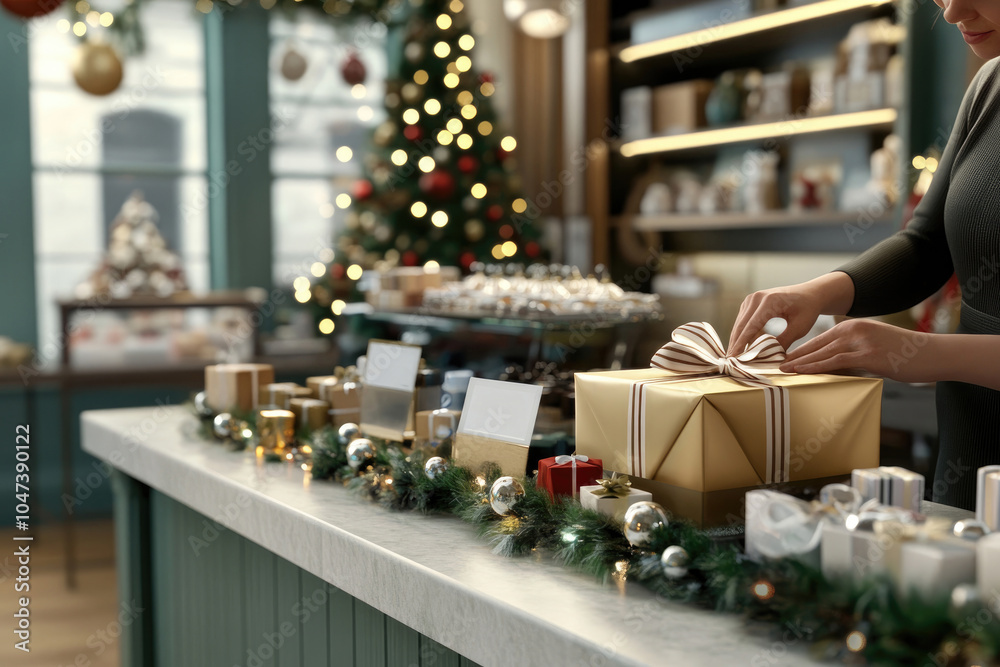 Verkäuferin packt Weihnachtsgeschenk ein – Festliche Geschenkausgabe in weihnachtlicher Atmosphäre