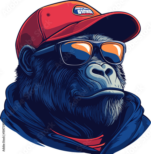 A stylish illustration of a gorilla wearing a red cap and sunglasses, depicted in a bold, colorful design with shades of blue