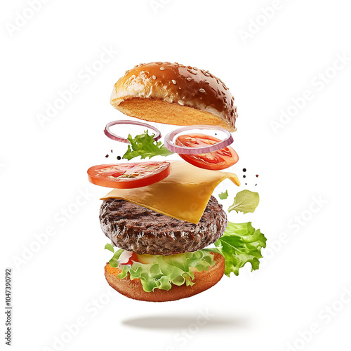 Flying hamburger with cheese and vegetables on transparent background