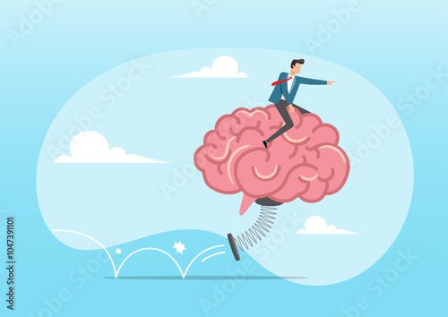 Businessman riding human brain with springboard