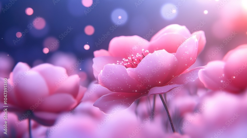 Delicate pink flowers bloom under a dreamy, soft-focus light, creating a serene atmosphere, AI Delicate pink flowers bloom under a dreamy, soft-focus light, creating a serene atmosphere, AI