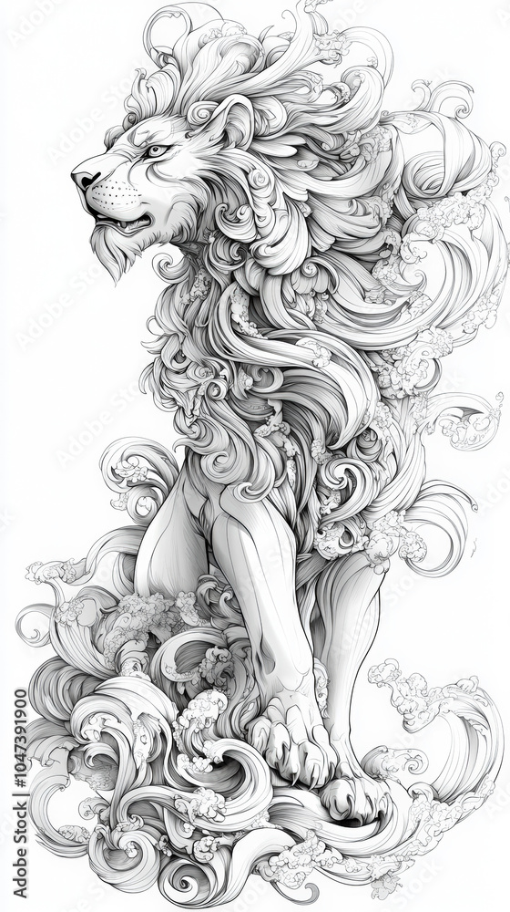 Fototapeta premium Detailed Line Art of Lion with Flowing Mane in Black and White Poster 