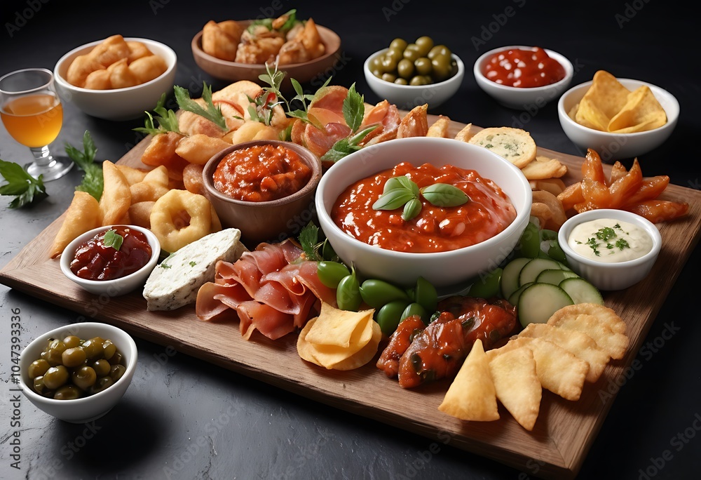 A delicious assortment of gourmet dips, cheeses, cured meats, and crispy snacks beautifully arranged on a wooden board A delicious assortment of gourmet dips, cheeses, cured meats, and crispy snacks beautifully arranged on a wooden board