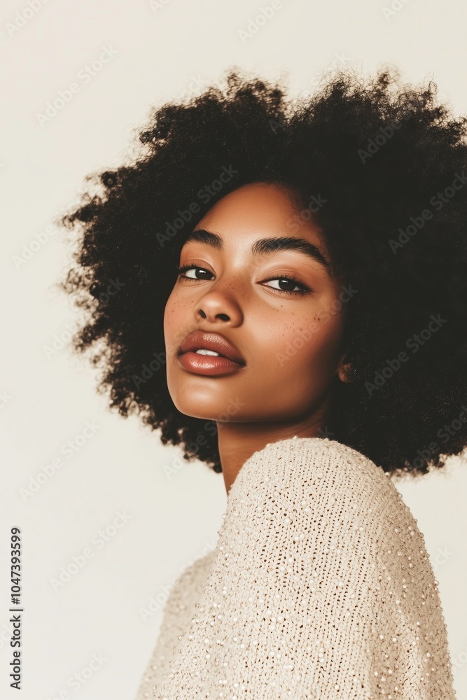 Black woman with natural afro hair, wearing a beige sweater adorned with small pearls, standing against a solid white background Black woman with natural afro hair, wearing a beige sweater adorned with small pearls, standing against a solid white background